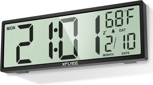 Reloj de pared digital grande de 14.5 pulgadas, funciona con pilas con números gigantes, DST automático, día, fecha, alarma, temperatura para sala