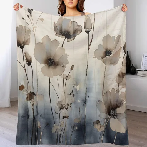 Miniatura 7 de Manta decorativa de flores beige, blanco crema, blanco, azul, gris, flores anchas, manta suave de 30 x 40 pulgadas, manta de franela para sofá