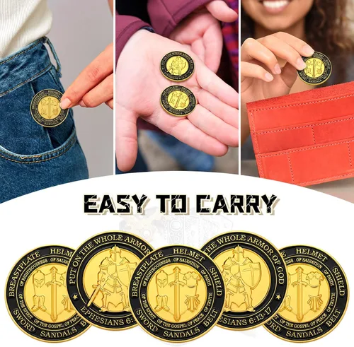 Miniatura 4 de Tondiamo 12 Piezas Pónganse Toda la Armadura de Dios Monedas de Desafío Cristiano Recuerdos Oración Regalo Conmemorativo Redondo Dorado Regalo