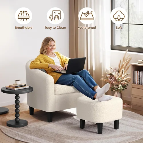 Miniatura 4 de Yaheetech Juego de 2 sillas tipo barril de pana, tapizadas, sillones redondos, sillas de espera con cojín suave para sala de estar, dormitorio, sala