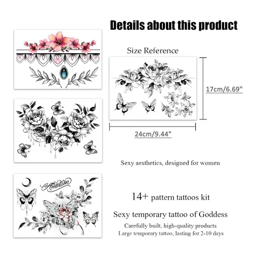 Miniatura 5 de ROARHOWL Conjunto de tatuajes temporales sexy para mujeres, tatuaje sexy hermoso y exquisito 3D con flores realistas, mariposas, abdomen, pecho