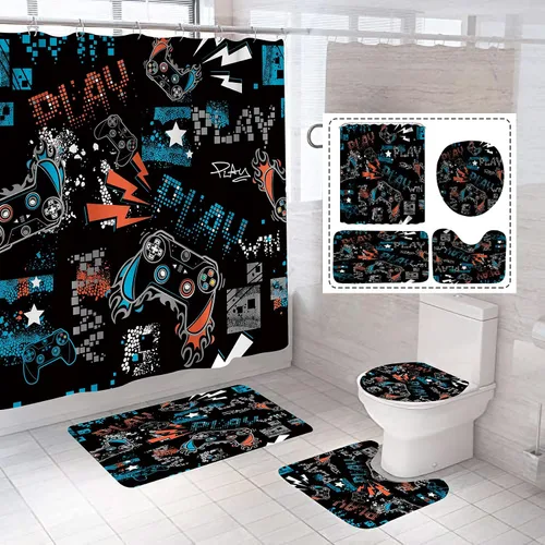 Miniatura 8 de NORBEY Juego de 4 cortinas de ducha de juegos, juego de cortina de baño clásica con alfombrilla antideslizante, cubierta de inodoro y 12 ganchos