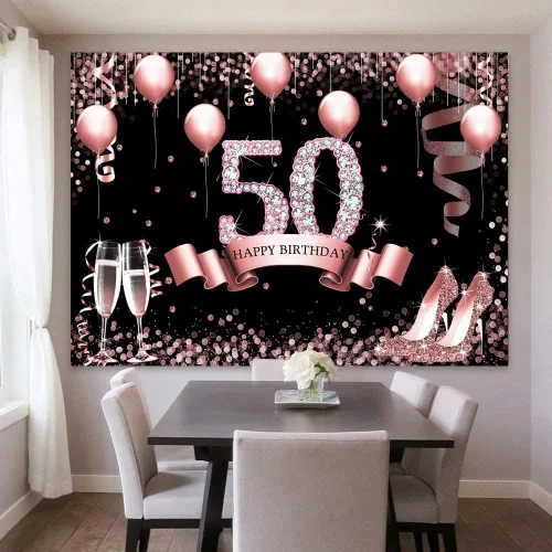 Miniatura 4 de Sensfun Telón de fondo de oro rosa con la frase "Happy 50th Birthday" para mujer, globos de diamantes con purpurina, tacones altos, fondo