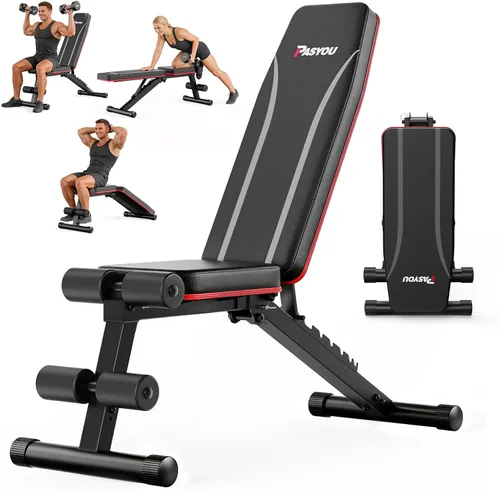 PASYOU Banco de peso ajustable de 660 libras, banco inclinable plegable para gimnasio en casa, banco de ejercicio con mancuernas para entrenamiento