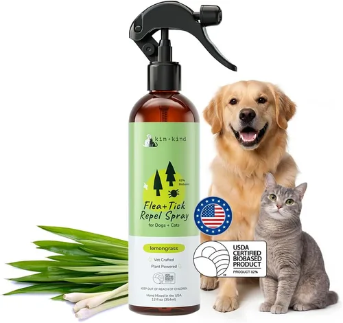 kin+kind Prevención natural de pulgas y garrapatas para perros y gatos, spray de pelaje no graso, citronela, formulado por veterinarios, 12 onzas