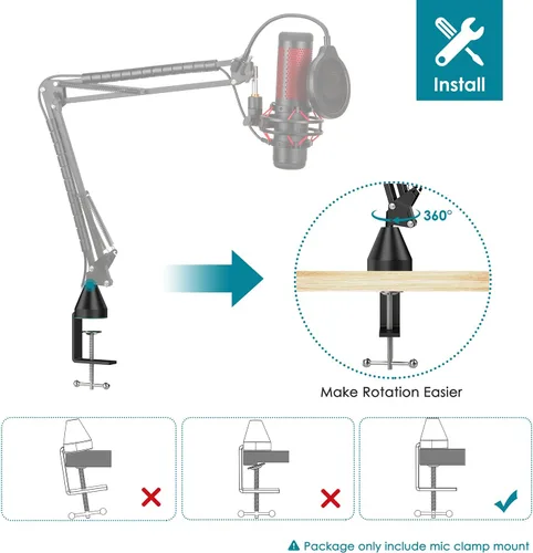 Miniatura 3 de YOUSHARES Abrazadera de montaje en mesa para micrófono: abrazadera de brazo para soporte de brazo de micrófono con tornillo ajustable, el espacio