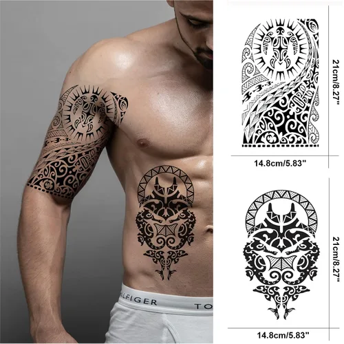 Miniatura 5 de Tótem tribal temporal para hombres, tatuaje falso polinesio de tortuga hawaiana negra grande para hombres adultos, de larga duración, realista