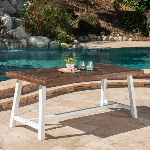 Miniatura 5 de Mesa de comedor de madera de chorro de arena marrón oscuro al aire libre con metal rústico blanco e