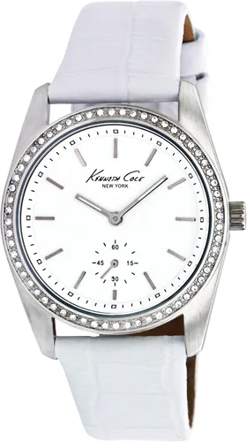 Kenneth Cole New York - Correa de piel de cerdo de acero inoxidable con cuarzo analógico para mujer, color blanco (modelo KC2604), plateado