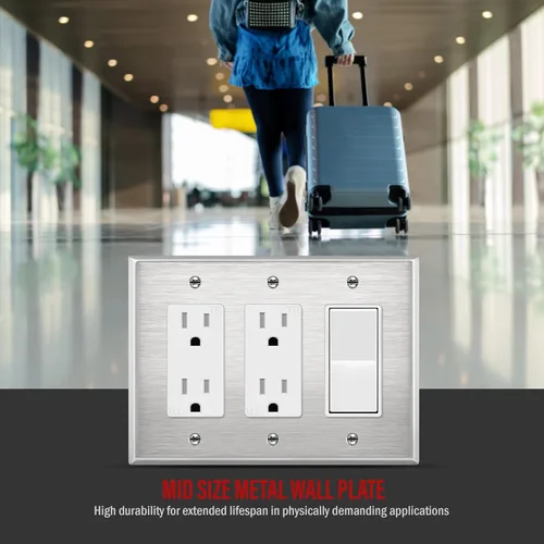 Miniatura 7 de ENERLITES Placa de pared de metal con interruptor decorativo triple, cubierta de tomacorriente de acero inoxidable, resistente a la corrosión, acero