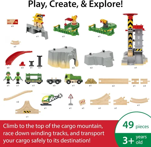 Miniatura 2 de BRIO World Cargo Mountain Set – Juego de tren de madera de 49 piezas con certificación FSC y accesorios – Compatible con todos