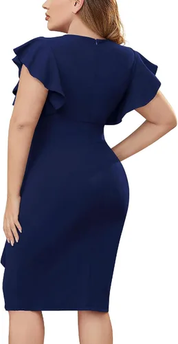 Miniatura 6 de Miusol Vestido de tubo vintage con cuello en V para mujer, talla grande, manga con volantes, para negocios, cóctel, fiesta