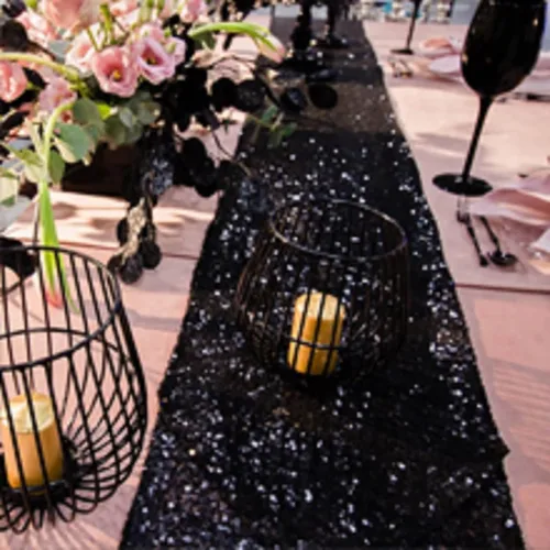 Miniatura 7 de JYFLZQ Camino de mesa de lentejuelas negras de 12 x 72 pulgadas, manteles de mesa de tela con lentejuelas negras brillantes - Caminos brillantes
