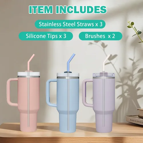 Miniatura 7 de HEYSKAY 3 popotes de repuesto reutilizables para vaso Stanley de 40 onzas, 30 onzas, popotes de repuesto de metal con puntas de silicona y cepillos