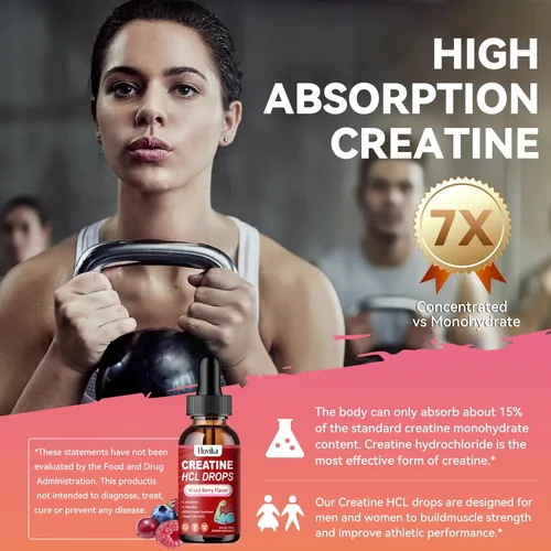 Miniatura 5 de Gotas líquidas de creatina HCL para hombres y mujeres, clorhidrato de creatina con L-carnitina, L-glutamina, BCAA, vitamina B12 y B6