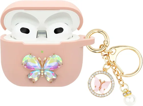 Miniatura 7 de Wonhibo Funda para Airpods 3, bonita funda de diseño azul mariposa para Airpod 3ª serie 3 tercera generación 2021 con llavero