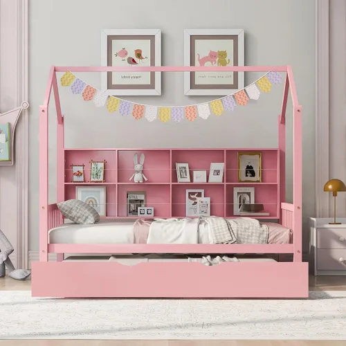 Miniatura 23 de RUNNA Marco de cama de madera de tamaño matrimonial con valla, para niños, adolescentes, niñas, niños, (Natural-Thinck 4col)