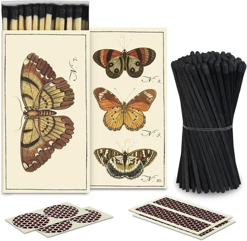 Miniatura 11 de 4" Fósforos Todos Negros en un Frasco + Adhesivos de Mechero Incluidos 100 Fósforos Negros con Punta Negra Decorativos y Seguros con Soporte