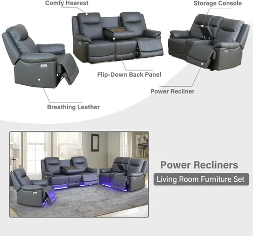 Miniatura 3 de Air Leather - Juego de sofá reclinable eléctrico con LED, juegos de muebles de sala de estar, juego de sofá reclinable eléctrico con puertos USB