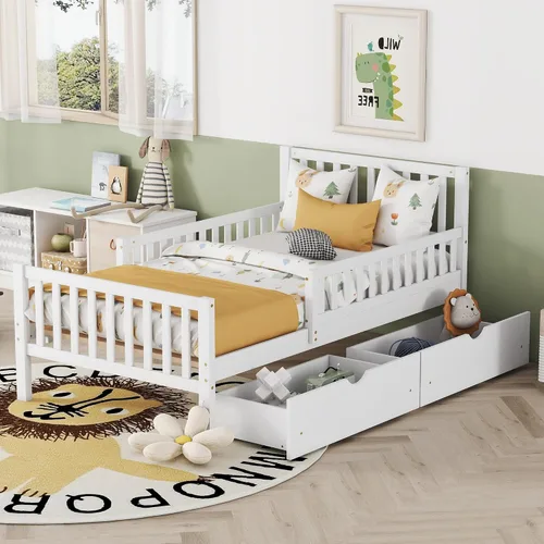 Miniatura 15 de VilroCaz Moderna cabecera de almacenamiento de cama de tamaño individual y barandilla de seguridad para niños, base de cama de plataforma de madera