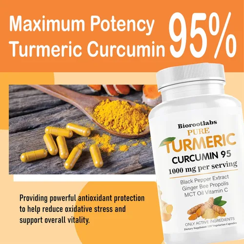 Miniatura 3 de Curcumina de cúrcuma con pimienta negra Suplemento de curcumina de cúrcuma pura 95% de curcuminoides con propóleo de abeja, jengibre, aceite