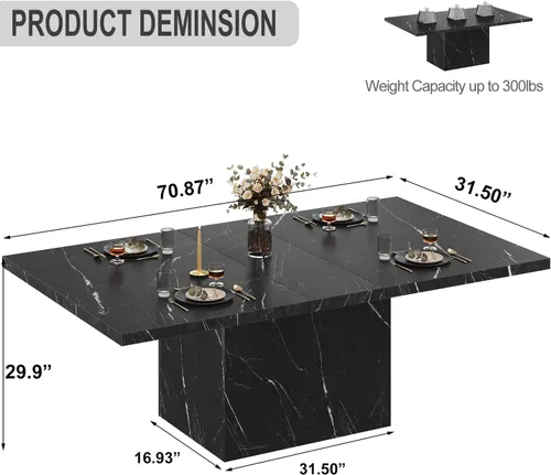 Miniatura 2 de LVB Mesa de comedor para 6, 71 pulgadas, rectangular de mármol sintético negro, mesa de comedor moderna de madera de ingeniería industrial