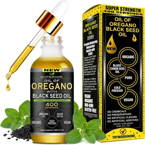 Aceite de orégano con aceite de semilla negra – 400 porciones, aceite de orégano orgánico silvestre 2 en 1 con aceite de semilla negra para apoyo