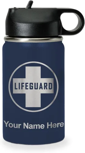 Miniatura 16 de LaserGram Botella de agua personalizada, salvavidas, acero inoxidable de doble pared aislada al vacío con popote superior, regalo grabado Negro