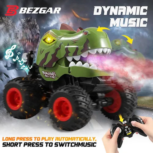 Miniatura 6 de BEZGAR Juguetes de Camiones Monstruo - Camión Monstruo de Control Remoto con Aspersión, Luz, Música, Juguetes de Dinosaurios para Niños, Camión RC a