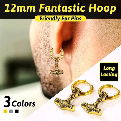 Miniatura 2 de FaithHeart Aretes de aro vikingo para hombre, ligeros, de acero inoxidable, aretes colgantes retro de mitología nórdica, regalo para papá y hermanos