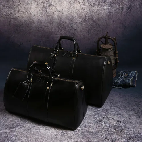 Miniatura 7 de Leathario Bolsa de viaje de cuero genuino para el fin de semana de la noche para los hombres, equipaje de mano, Negro-S, Pequeña, Vintage