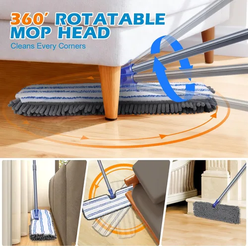 Miniatura 3 de Masthome Trapeador abatible de doble cara, mopa de microfibra húmeda y seca con 4 almohadillas y raspador, giratorio de 360° para limpieza de madera