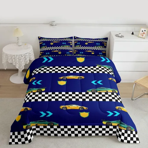 Miniatura 2 de Feelyou Juego de edredón de coche de carreras, tamaño individual, juego de ropa de cama de coche deportivo de velocidad para niños y niñas, edredón