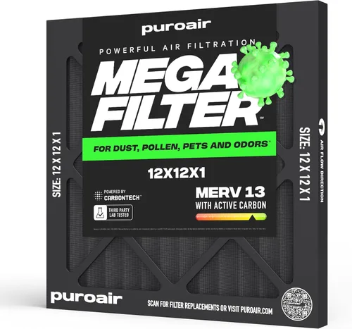 PuroAir Filtro Mega - Filtro de aire de 12x12x1 MERV 13 para el hogar con carbón activado - Filtros alérgenos, caspa de mascotas, humo, polvo -