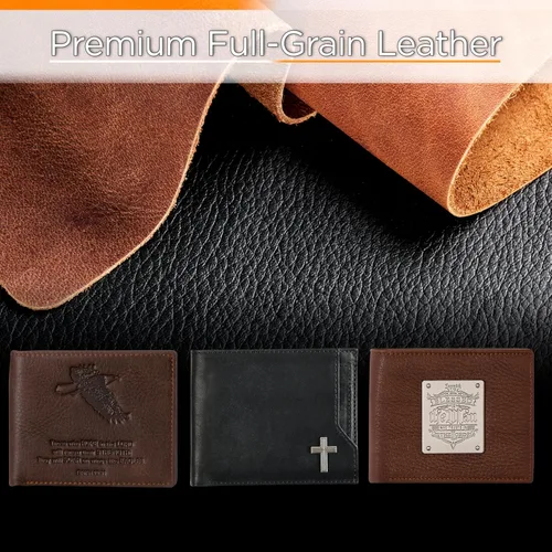 Miniatura 8 de Christian Art Gifts Carteras de cuero genuino de grano completo con bloqueo RFID para hombres, diseños plegables y triples, muchas ranuras