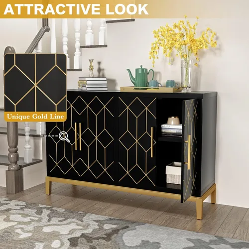 Miniatura 7 de HLR Gabinete de Acento con 4 Puertas y Estantes, Gabinete Aparador Buffet con Ribete Dorado, Almacenamiento Negro Moderno para Sala de Estar
