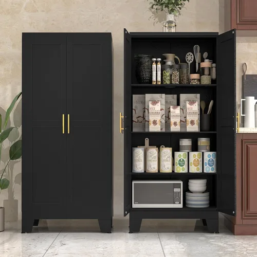 PAOFIN Armario de almacenamiento de cocina de metal negro de 61 pulgadas, armario de almacenamiento de despensa de cocina con puertas y estantes,