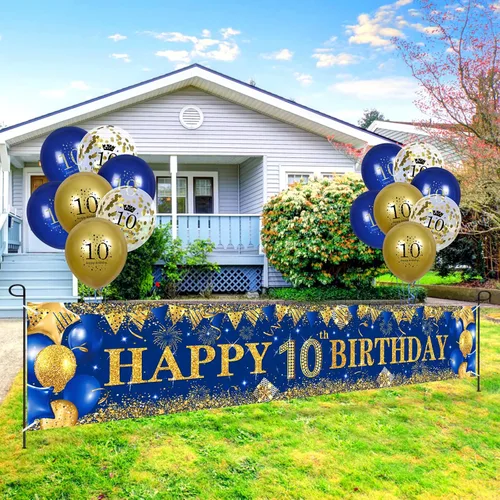Miniatura 3 de Decoraciones de cumpleaños número 10 para niños pequeños, niños y niñas, azul marino y dorado, pancarta de fiesta de feliz cumpleaños de 18 piezas