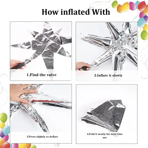 Miniatura 4 de 6 globos de papel de aluminio con forma de estrella plateada de una sola pieza, globo de estrella de 14 puntas 4D, cono de estrella en explosión