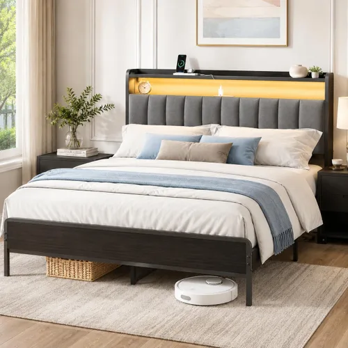 Miniatura 8 de Nuturelly Base de cama Queen con cajones de almacenamiento y cabecera LED inteligente, cama de plataforma tapizada con soporte de metal sin ruido