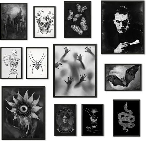 Miniatura 8 de JJY 12 piezas de decoración de pared de Halloween para pósteres artísticos, impresiones góticas victorianas oscuras, decoración del hogar, póster