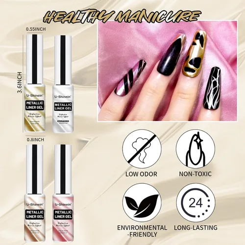 Miniatura 6 de Juego de esmaltes de gel de pintura de espejo metálico de 4 x 0.4 fl oz, esmalte de uñas de gel pintado con efecto cromado espejo, gel de dibujo