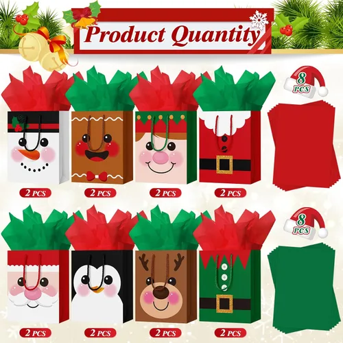 Miniatura 2 de Cholemy 16 piezas de bolsas de regalo de Navidad medianas gruesas con papel de seda, bolsas de papel kraft de Navidad con asas para envolver regalos