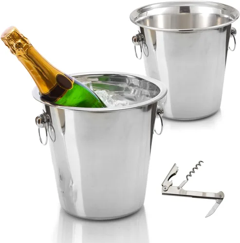 Tiger Chef Juego de cubos de vino - Cubo de champán - Bañera para bebidas: incluye dos cubos de acero inoxidable de 4 cuartos de galón y sacacorchos