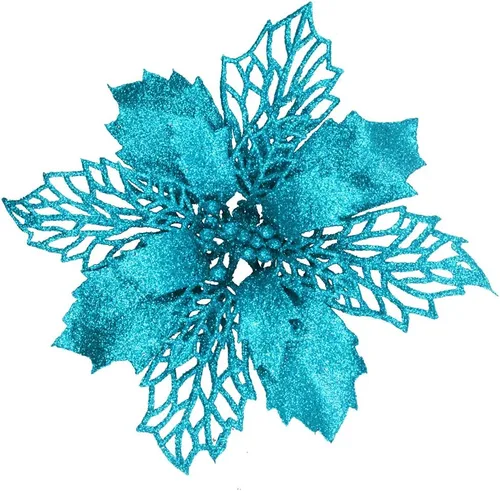 Miniatura 9 de 24 piezas de palitos de flores de Pascua artificiales de hojas de acebo de malla azul con purpurina, adornos para árbol de 5.9 pulgadas de ancho