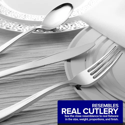 Miniatura 4 de Juego de cubiertos de plástico resistente (plateado) de 75 piezas, juego de cubiertos desechables, ideal para fiestas, bodas y catering, cubiertos