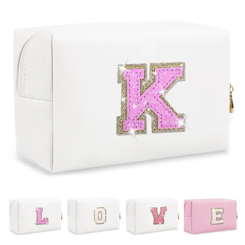 Miniatura 364 de Pequeña bolsa de maquillaje personalizada con inicial A-Z Preppy Patch, bolsa de cosméticos de viaje de felpilla blanca con cremallera, bonita bolsa