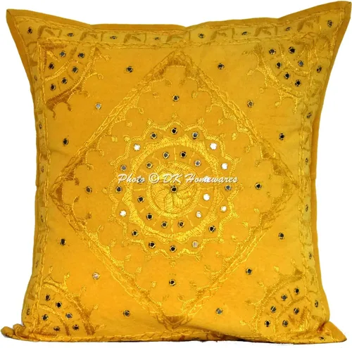 Miniatura 2 de Fundas de cojín decorativas de 24 x 24 pulgadas con bordado de espejo tradicional amarillo mango para habitación, bohemio, floral, cuadrado, algodón