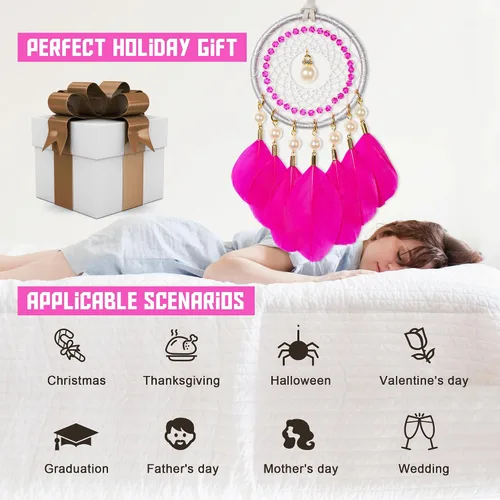 Miniatura 5 de Mini atrapasueños – Pluma de ganso con perla de lujo, cuero natural, pequeño atrapasueños hecho a mano para dormitorio, atrapasueños para niñas, Rosa
