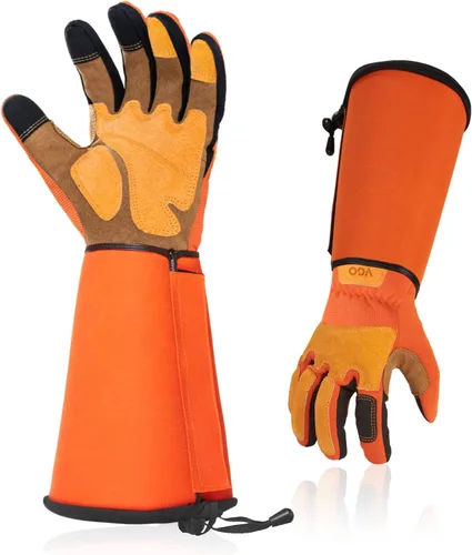 Miniatura 11 de Vgo... Guantes de trabajo de seguridad para hombre, puño extendido de cuero dividido de cerdo, cuero sintético, a prueba de espinas de poda de 1 par